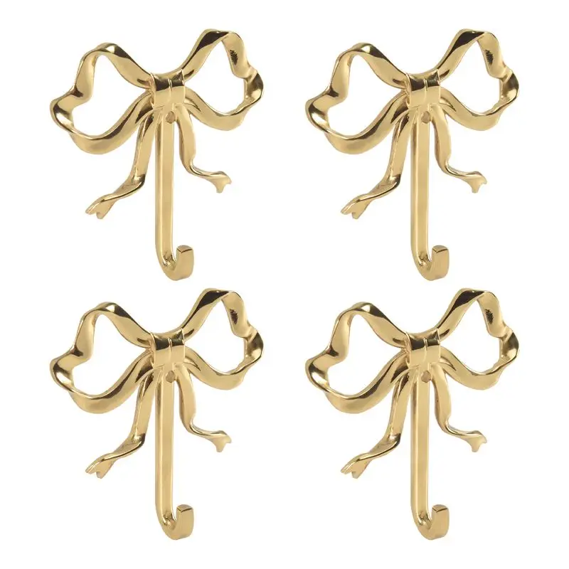 

A84X-4 Pack Gold Bow-Knot Hooks Brass Bow Wall Hooks Door Hanger Towel Hooks For Home Bathroom Living Room Kitchen Decor