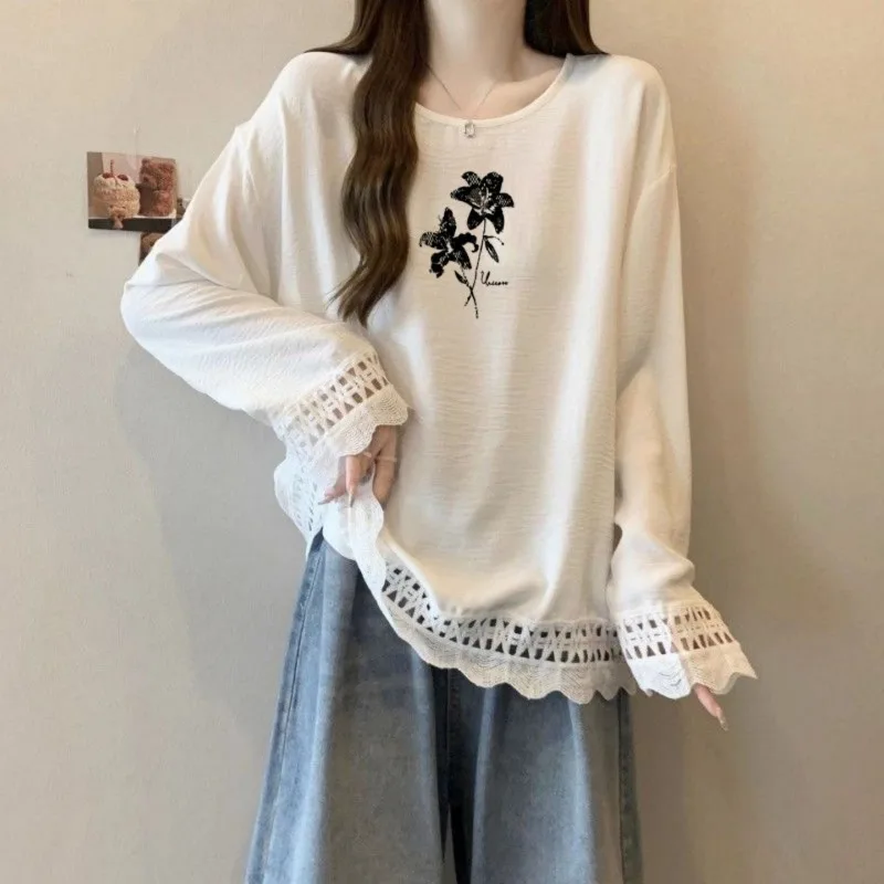 Women Plus Size Floral Print Crew Neck Long Sleeve Top Autumn Winter Lace Patchwork Loose Casual Blouse S 6XL view 6