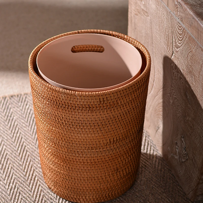 Solid wood rattan woven household living room trash can, Nordic bedroom storage, American style retro log, quiet wind waste