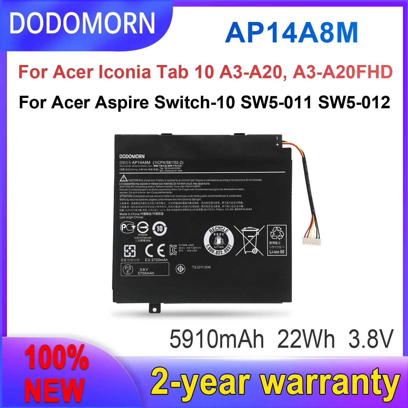 DODOMORN New AP14A8M Battery For Acer Iconia Tab 10 A3-A20 A3-A20FHD SW5-011 SW5-012 AP14A4M 3.8V 5910mAh Fast delivery