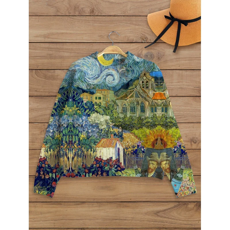 

Fresh Literary Floral Hill Pattern Digital Print Women Sweater Knit Pullover Loose Crew Neck Long Sleeve Thick Autumn Winter