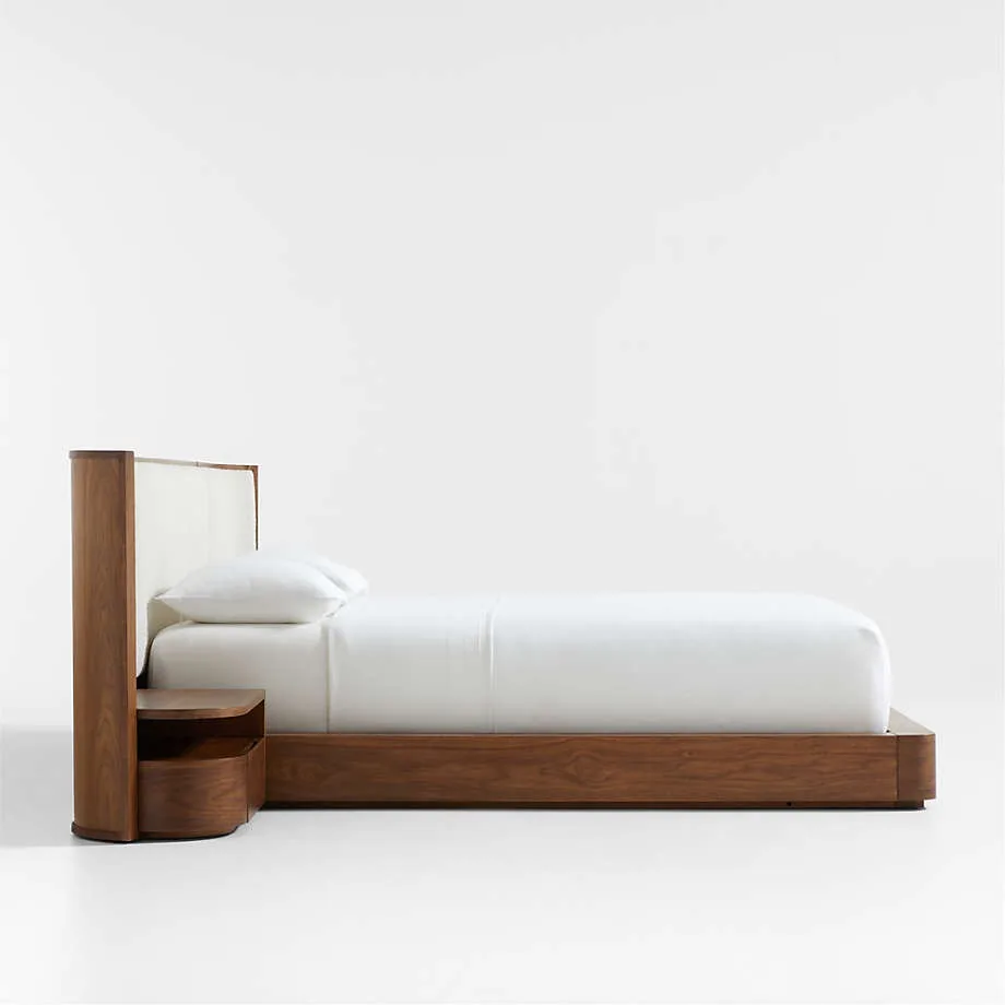 Modern Minimalist Walnut King Bed with Integrated Nightstands, Luxury Upholstered Bouclé Headboard, SolidWood Japan Platform Bed view 2