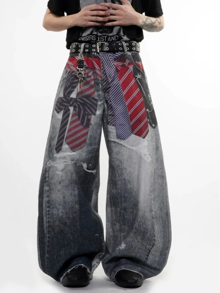 2026 American Retro Y2K Style 3D Printed Tie Design Washed Blue Baggy Jeans Pants For Men Clothing Wide Leg Loose Denim Trousers - view 3