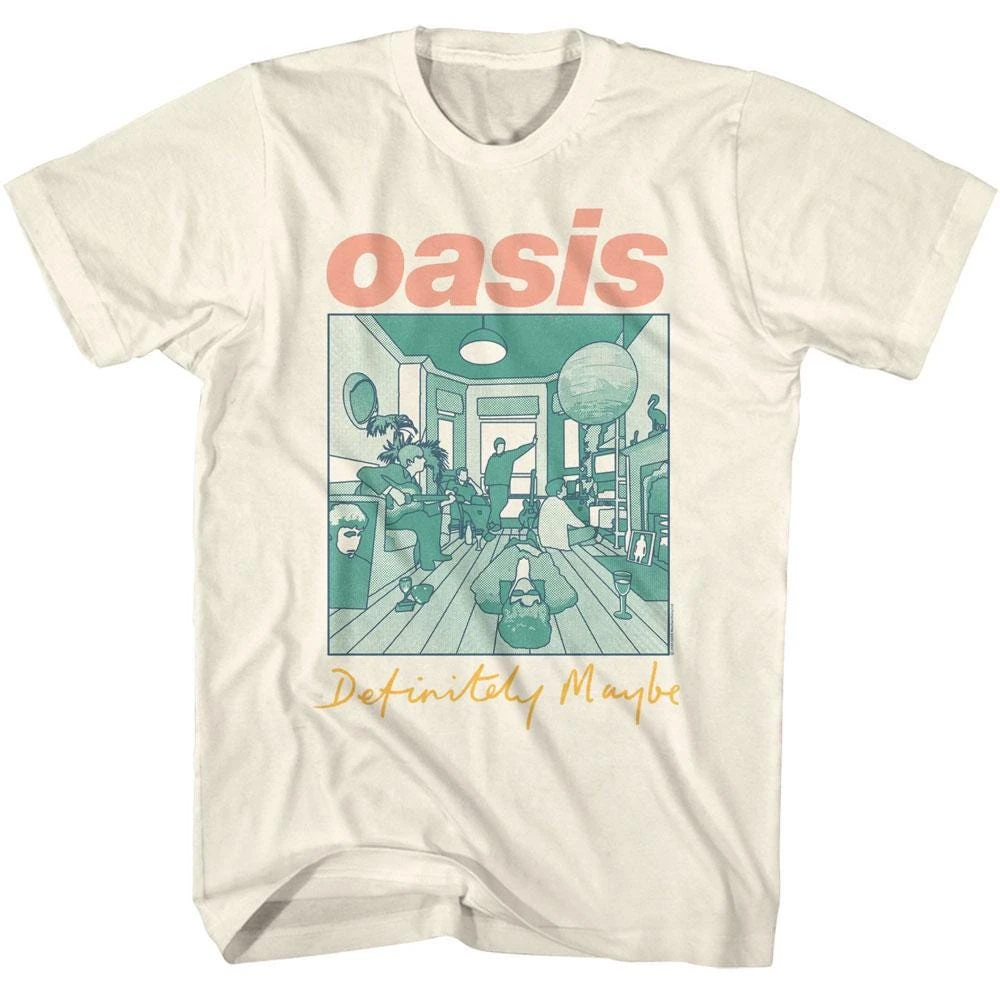 Oasis Definitely Maybe Multicolored Album Logo Cream Shirt White Round Neck T-shirt with Colorful Illustrations