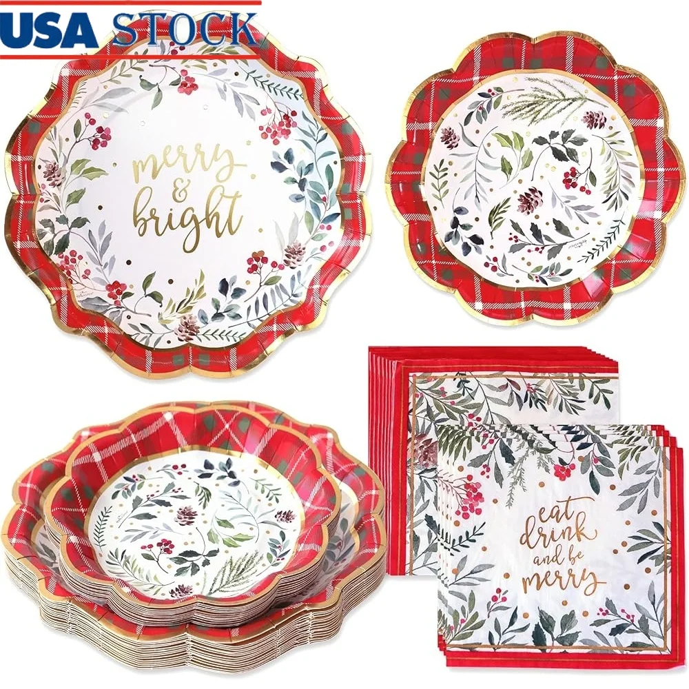 

62pc Christmas Party Tableware Set Heavy Duty Disposable Plates Napkins Floral Design Holiday Dinner Kit 16 Guests