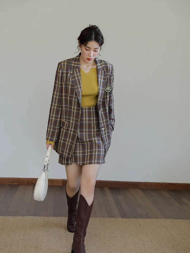 DUSHU Büro Dame Lose frauen H-förmigen Retro Plaid Anzug Jacke Herbst 2021 Neue Design Gefühl Seite Schlitz anzug Frauen Rock