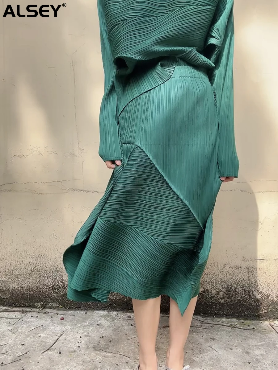 ALSEY Miyake Pleated Irregular Skirt Designer Spring Summer Fall New Casual Elegant High Waisted Pleated Long Solid Color Skirt