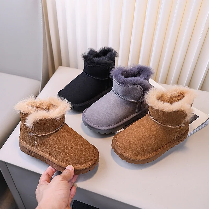 Children Plush Keep Warm Boots for Girls 2024 Winter New Fashion Korean Style Soft Bottom Anti-slippery Versatile Leather Shoes