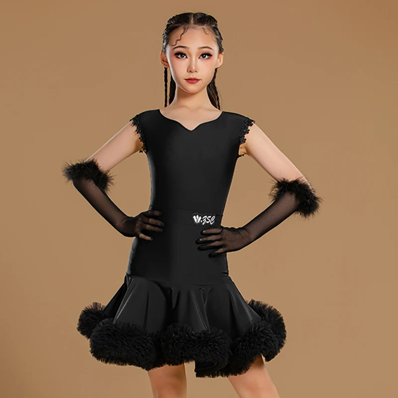 

Kids Girls Training Ballroom Dancewear Black Bodysuit and Mesh Swing Skirts with Mesh Feather Glove Latin Dancing Costume