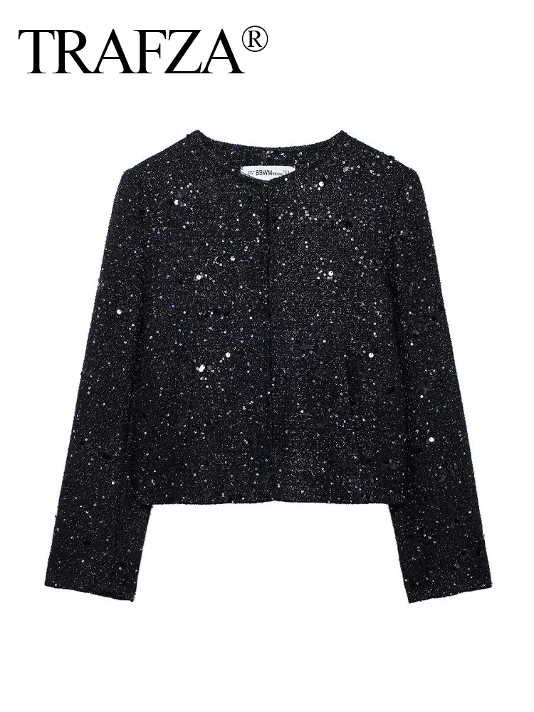 

TRAFZA Women's Fashion Black Round Neck Sequined Textured Long Sleeve Blazer Coat Female Elegant Vintage Pocket Casual Jacket