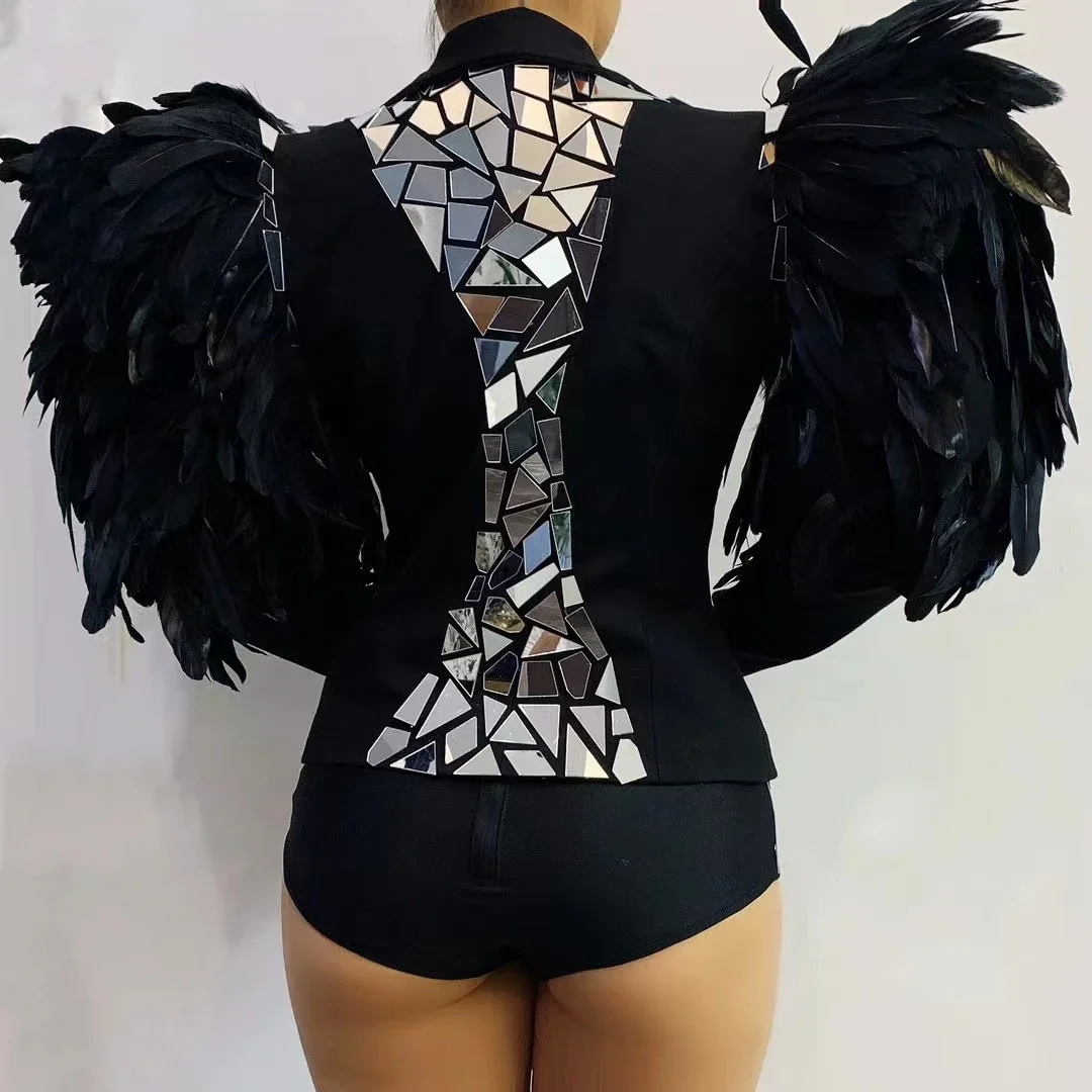 

Modern Dance Costume Sequins Feather Jacket Outfits Women Two Sets Stage Wear Sexy Nightclub Singer Host event outfit