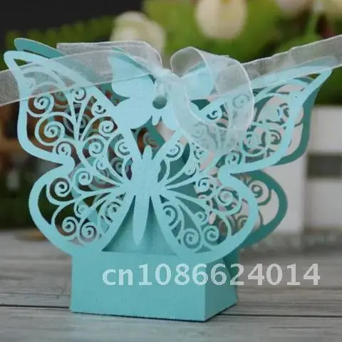 Caja de favores de carro cortada con láser de mariposa hueca, regalos, cajas de dulces con cinta, Baby Shower, evento de boda, suministros para fiestas, 50 piezas