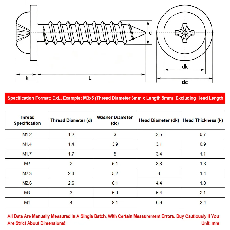 Carbon Steel PWA Phillips Round Head Integrated Washer Self Tapping Screws Nickel Plated Black Finish M1.2-M4 Hardware Fasteners