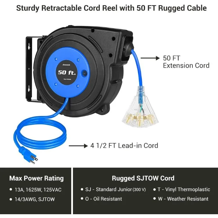 引き込み式延長コードリール、50フィートの頑丈な電源コード、3つの接地コンセント、照明付きトリプルタップ、13アンペア、14awg、3c sjtow