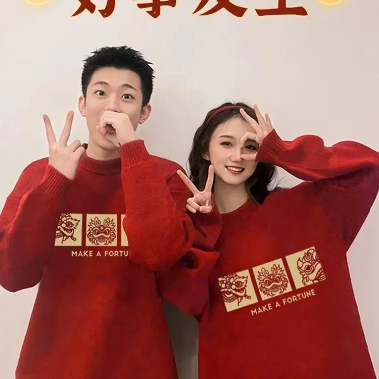 Red Sweater Women Couple Christmas Sweater Long Sleeve Top Pullovers Jumper Mujer Winter Clothes Women Paired Sweaters New Year