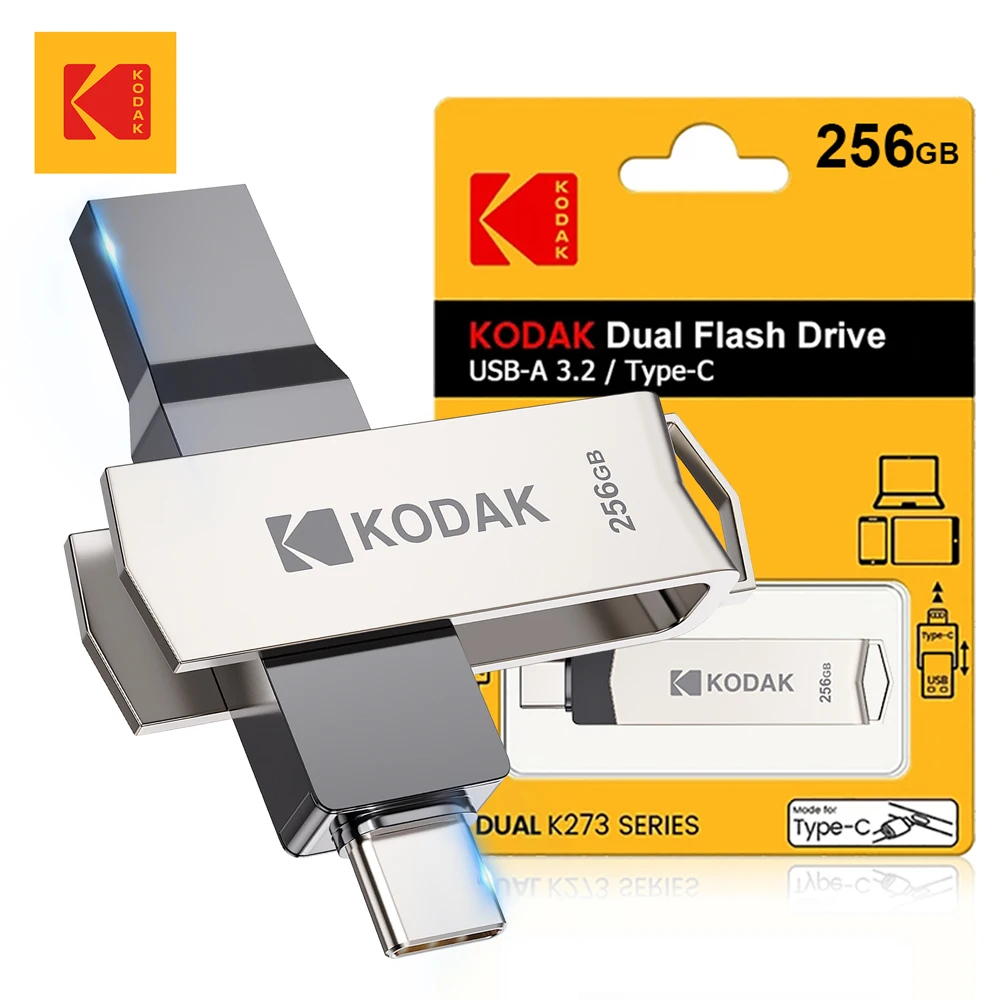 Kodak K273 Double Nip USB Flash Drive USB3.2 Type-c 32GB 64GB 128GB 256GB High Speed Pen Drive Memory Stick Metal OTG Pendrive