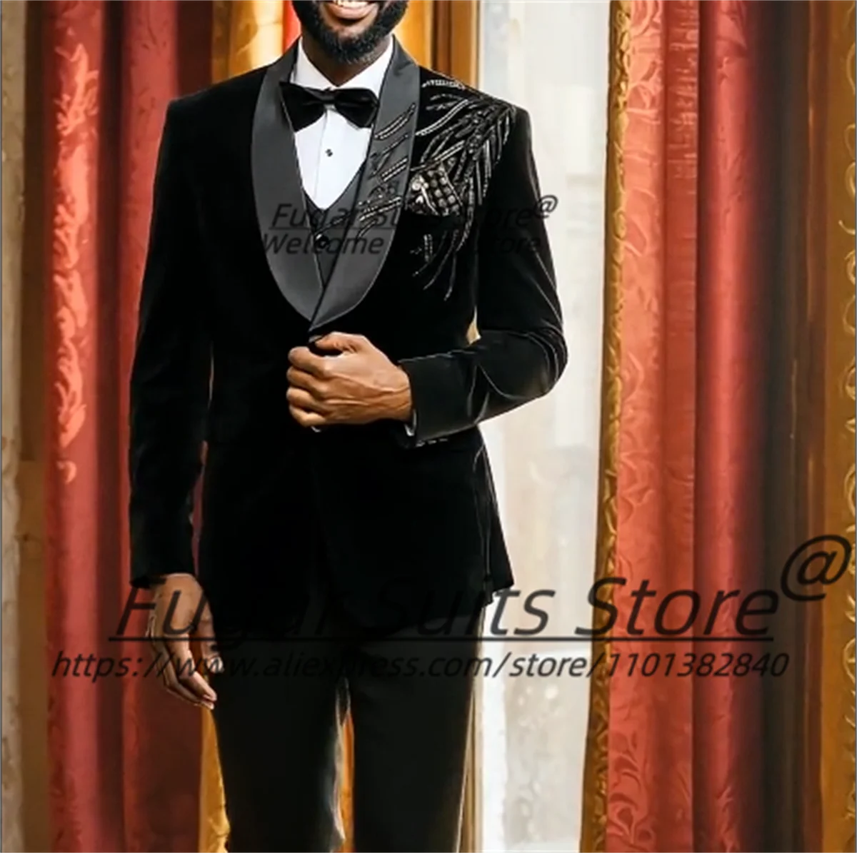 

Customized Size Black Embroidered Luxuly Groom Wedding Tuxedos Slim Fit Shawl Lapel Men Suits Male Party Blazers Costume Homme