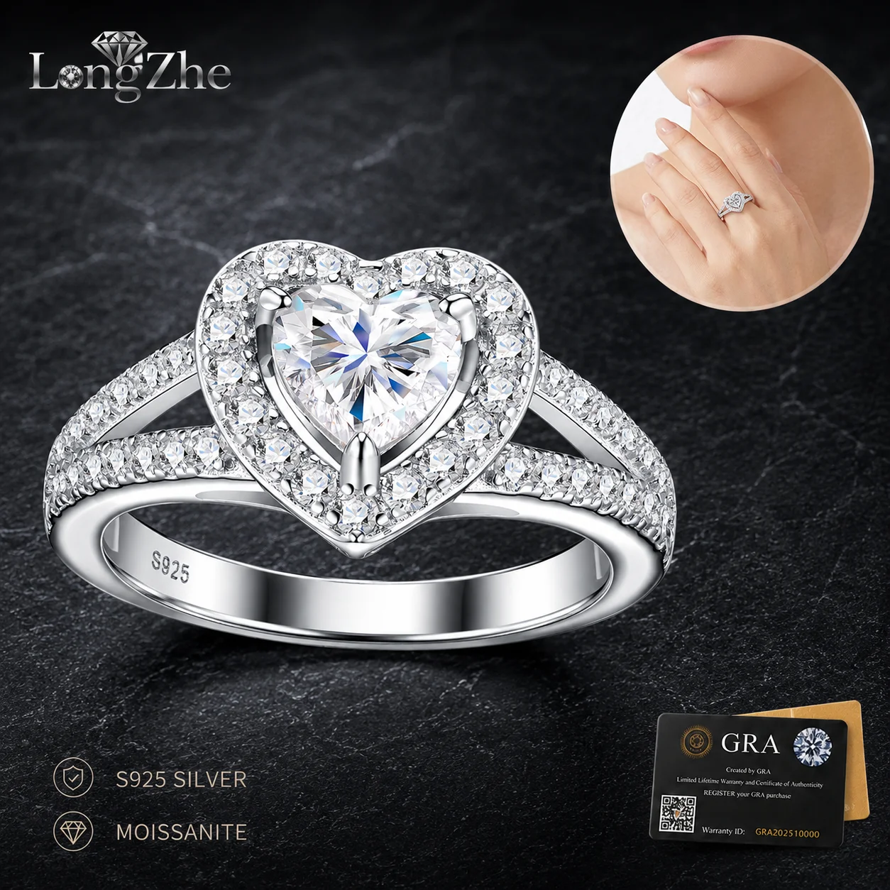 S925 Sterling Silver Moissanite Ring 6.5mm Heart Cut Halo Split Shank for Women Engagement Wedding Anniversary Fine Jewelry Gift