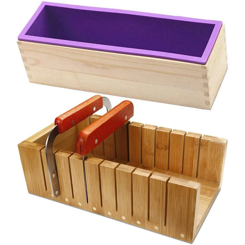 Soap making cutting mold kit with silicone mold + wooden box + wooden tool mold + straight wave stainless steel tool