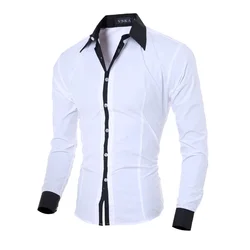 Homens de manga comprida Slim Fit camisas sociais, camisas listras brancas, roupas masculinas casuais, camisa de negócios, camisa de Natal