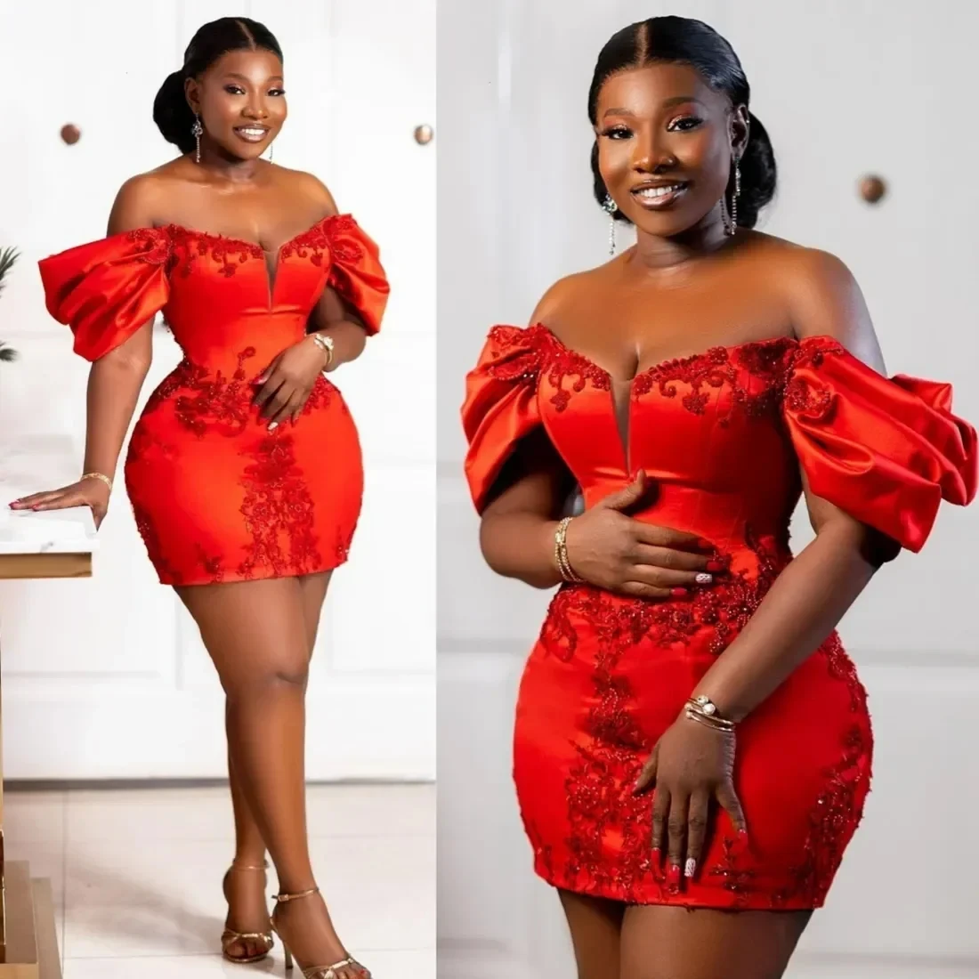 Plus Size Off-the-Shoulder Red Lace Appliques Short African Prom Party Dress 2026 Evening Pageant Gown Birthday Robe De Soriee