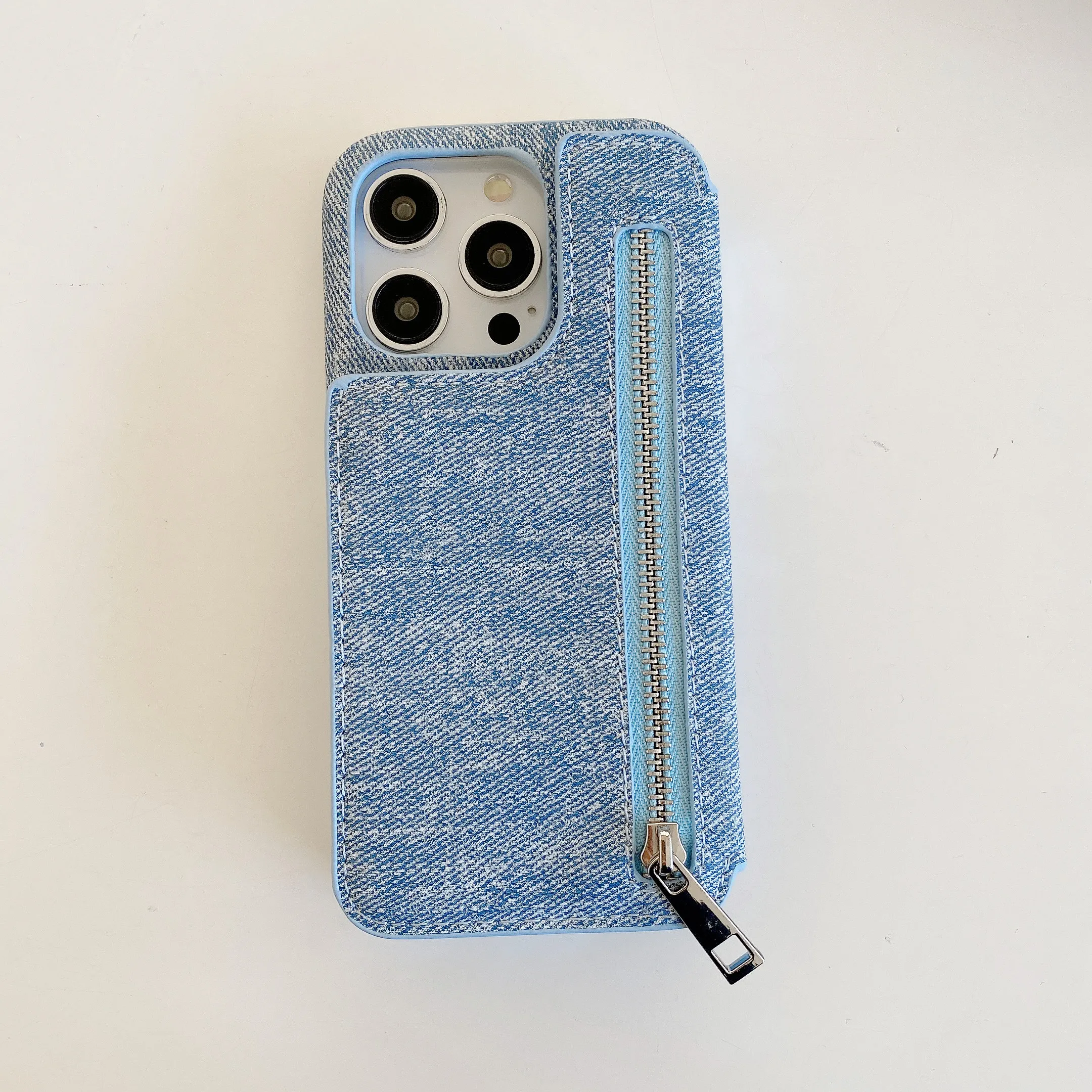 Zipper Cards Solt Wallet Denim Case for IPhone 15 Pro Max 14 Plus 13 12 Mini 11 6 7 8 SE 2022 Makeup Mirror Bag Pocket Cover