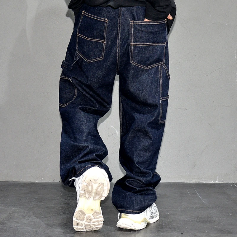 ‌Japanese Retro Washed Dark Blue Workwear Jeans Men Loose Straight Denim Pants Casual Skateboard Stacked Long Trousers Trendy