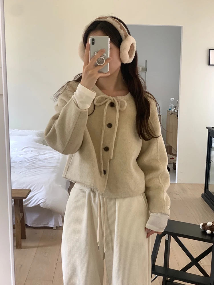 

Thiened ort Coat Women's Camere Plaid Coat Spring Autumn Winter Knot Loose Fit Long Sve round Ne Outerwear