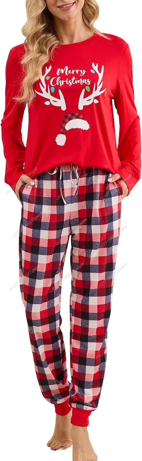 

трудностковые женские рождественские пижамные комплекты, пижамы с длинными рукавами, клетчатые брюки, одежда для сна из двух предметов с карманами