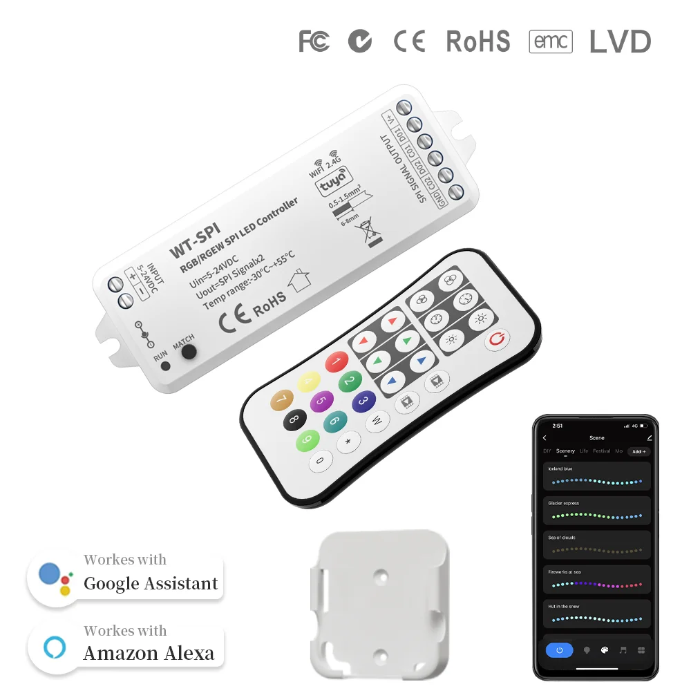 

Tuya WIFI 2.4G SPI RGB/RGBW Pixels LED Controller RGB/RGBW LED Controller Remote Alexa Google For WS2811 WS2812B LED Strip 5-24V