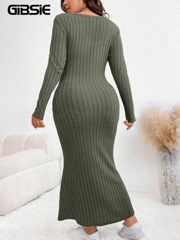 GIBSIE Plus Size Square Neck Long Sleeve Bodycon Dress Women Spring And Fall Casual Long Sleeve Rib-knit Mermaid Hem Maxi Dress