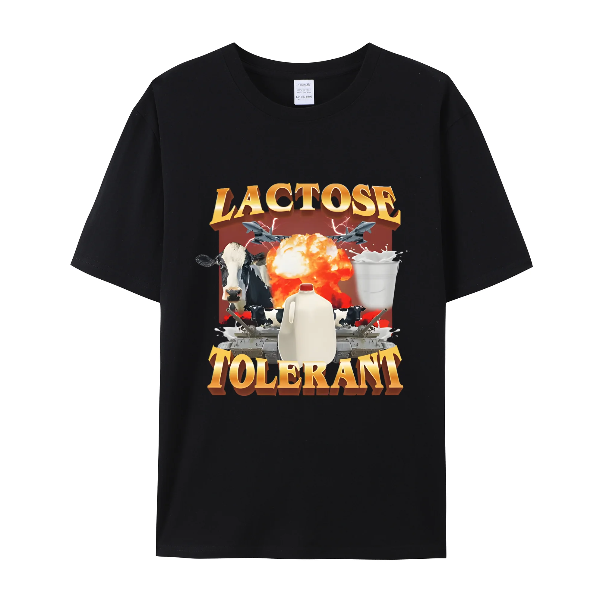 Lactose Tolerant Graphic Print T-Shirt Men's Vintage Fashion Short Sleeve T-shirts 100% Cotton Casual Cozy Oversized T Shirts