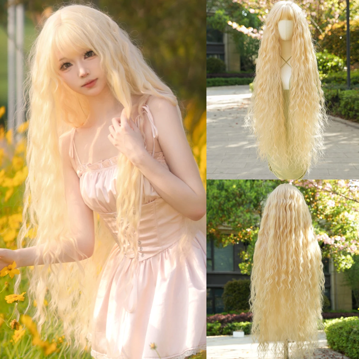 7JHH WIGS Lange blonde Perücke mit Wasserwellenmuster für Damen, synthetische, hitzebeständige, modische Perücken zum sofortigen Tragen mit ordentlichem Pony