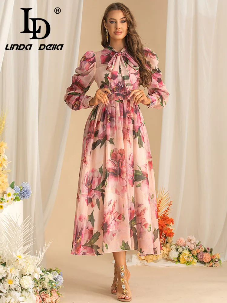 LD LINDA DELLA Autumn Women\'s Pleated Dress Long-Sleeved Scarf Collar Bow High waist Fashion Print Mixi Dresses