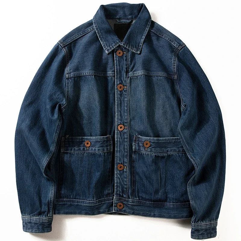 Vintage Denim Jacket Men Cotton Wear-resistant Lapel Washed Windpoof Button Outwear Casual Harajuku Big Pocket Tooling Jean Coat