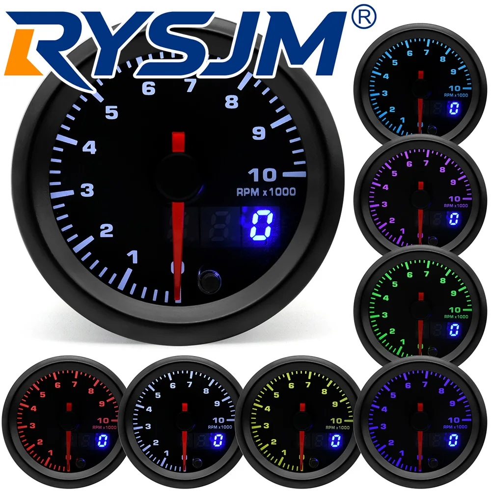 Pointer 0-10000RPM 52MM Tachometer 7 Color LED Light Digital Tacho Gauge for Universal Petrol Car 4,6,8 Cylinder Car 12V