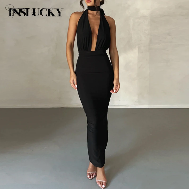 

InsLucky Fashion Sexy Elegant Women Dress Deep V Neck Backless Lace Up Folds Slit Evening Midi Dress Office Lady Club Partywear