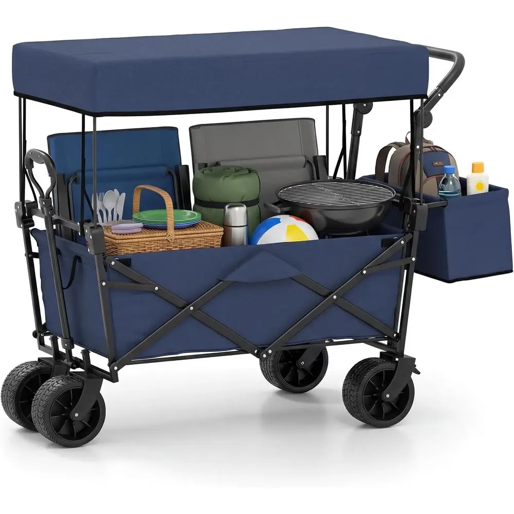 Folding Utility Wagon with Adjustable Handles, Detachable Bag, and Large Wheels for Outdoor, Camping, Beach, and Shopping (Blue)