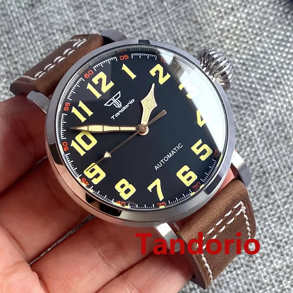 Tandorio 46.5mm Military Big CUSN8 Solid Bronze Auto Men Watch For Japan NH35/PT5000 Leather Strap Sapphire Glass Green Luminous
