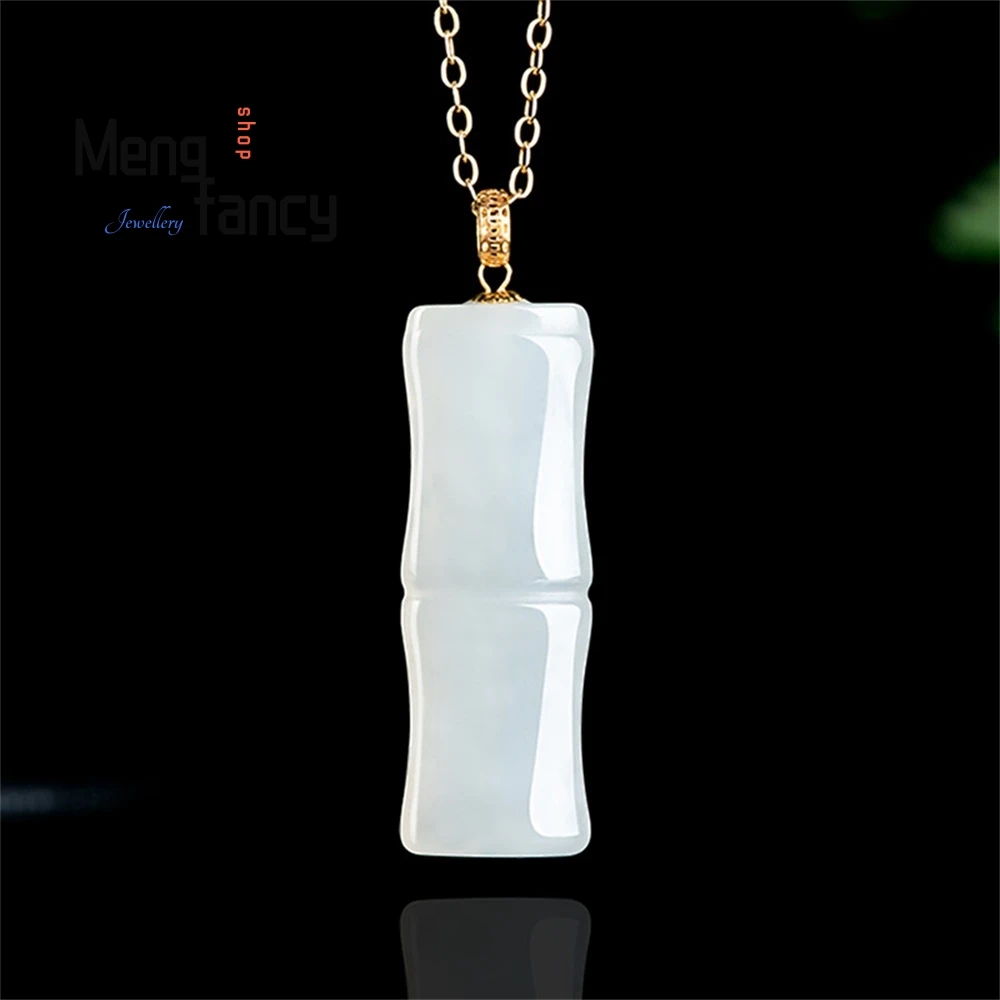 

Old Natural Hetian Jade White Jade Bamboo Knot Bamboo Pendant Authentic 18K Gold Buckle Inlaid Jade Necklace For Men And Women