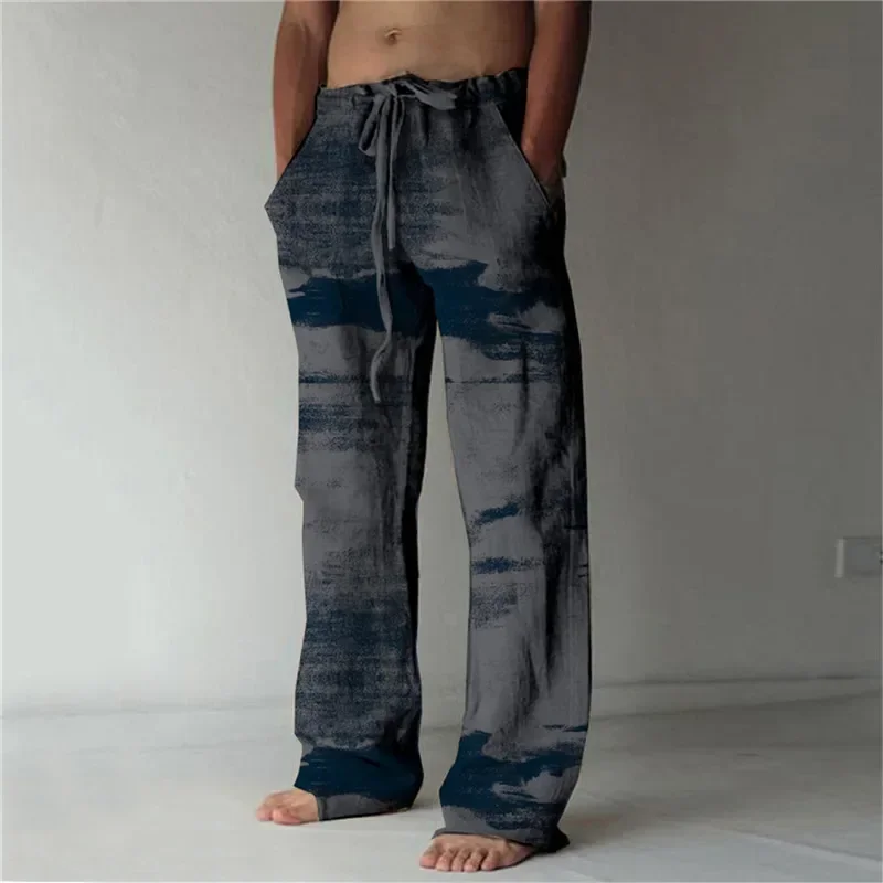 Hawaiian style linen pants summer fashion 3D printing wide leg pants holiday casual loose pants men's loose beach pants