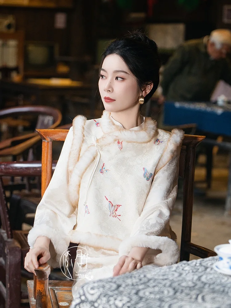 

New Chinese Sle Vest Women's Autumn Winter Tang Costume National Sle Face Skirt Matching Long Floral Prin...