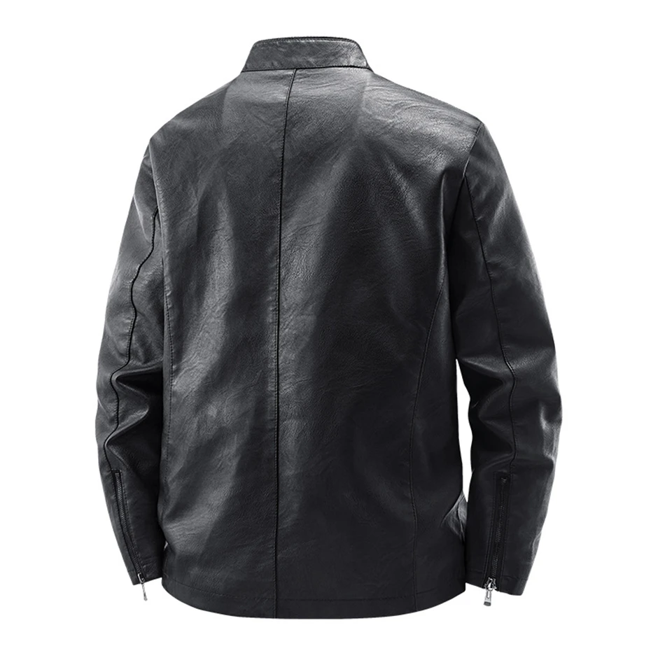 Stand Collar PU Jacket Men Motorcycle Biker Baseball Jacket Coat 5XL Plus Size Fashion Casual Cargo Jacket Male PU Coat Black