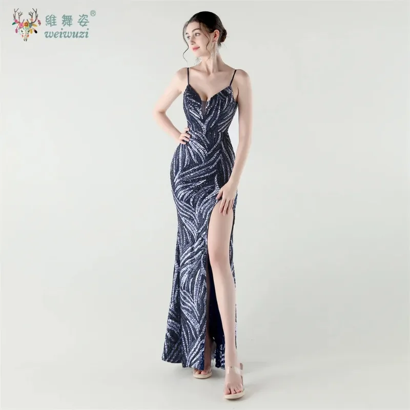 Abiti da sera eleganti con paillettes a righe Cinghie con scollo a V Abito lungo sexy con spacco a coda di pesce Abito formale da cocktail in pizzo con motivo glitterato