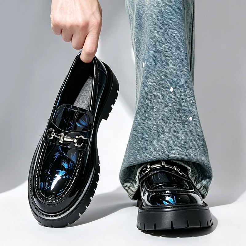 Men Glossy Printed Platform Loafers 4.5cm Height Increasing Slip on Dress Shoes Fashion Metal Buckle Thick Sole Casual Business