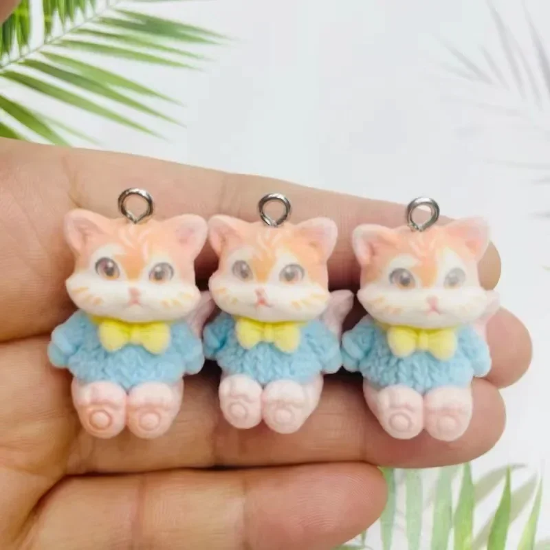 30Pcs 3D Flocking Cute Fox Charms Cartoon Resin Cat Ornament Pendant Earring Keychain Accessories for DIY Crafts Jewelry Make