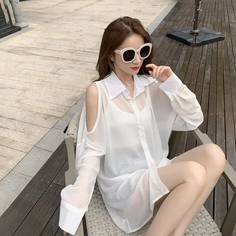 2025 Women New Off Shoulder Cardigan White Chiffon Shirt Female Summer fashion Design Feeling Thin Sun Protection Coat