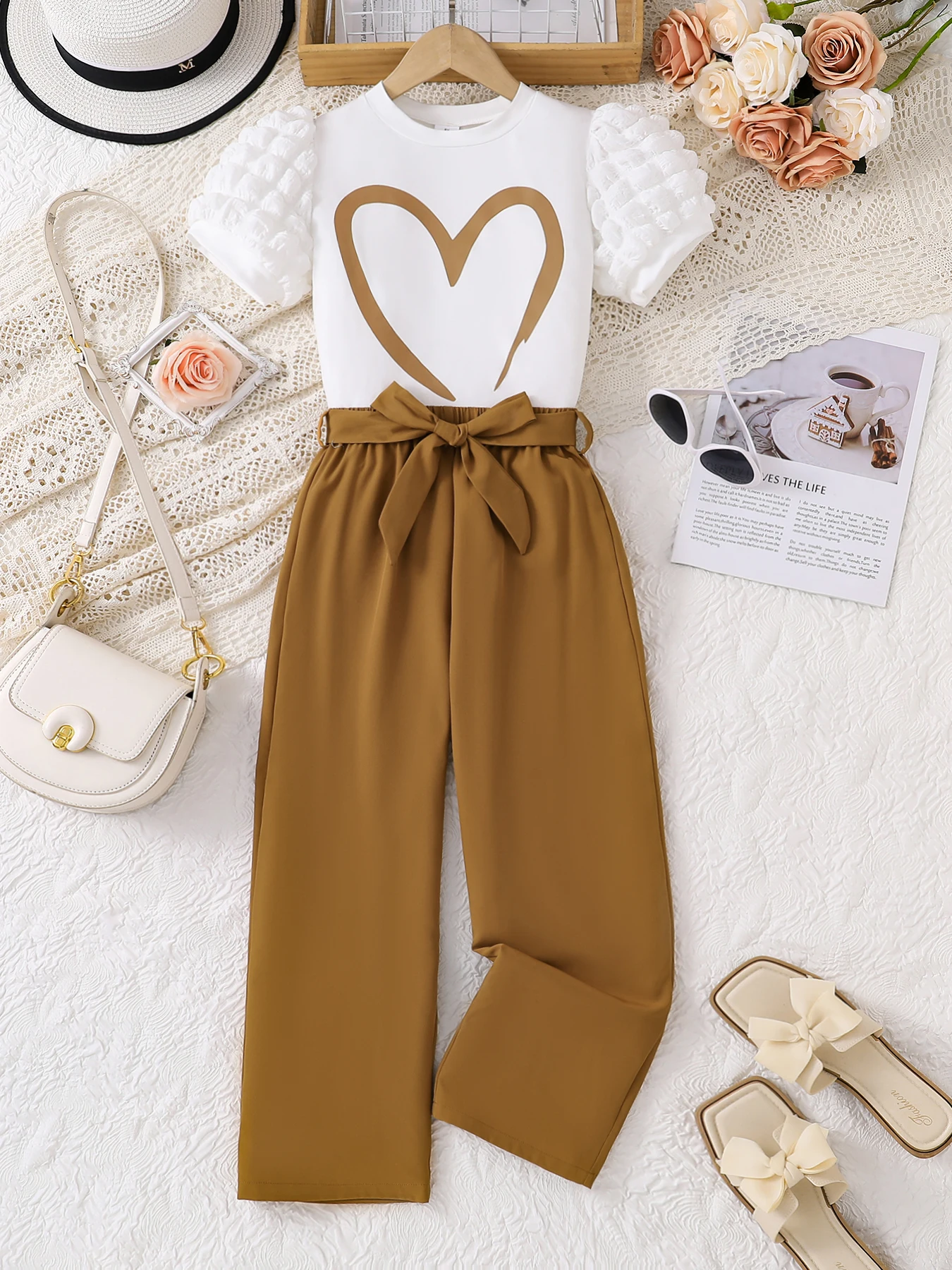 Summer New Style Girls Children's Two-piece Set Heart-shaped Short Sleeve Bowknot Casual Straight-leg Pants Set