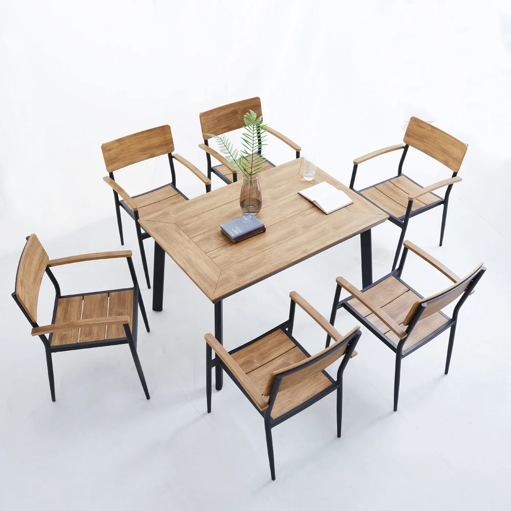 

Outdoor Garden Furniture Save Place Fashion Oil-proof and Waterproof Dining Sets Plastic Wood Table and Chairs