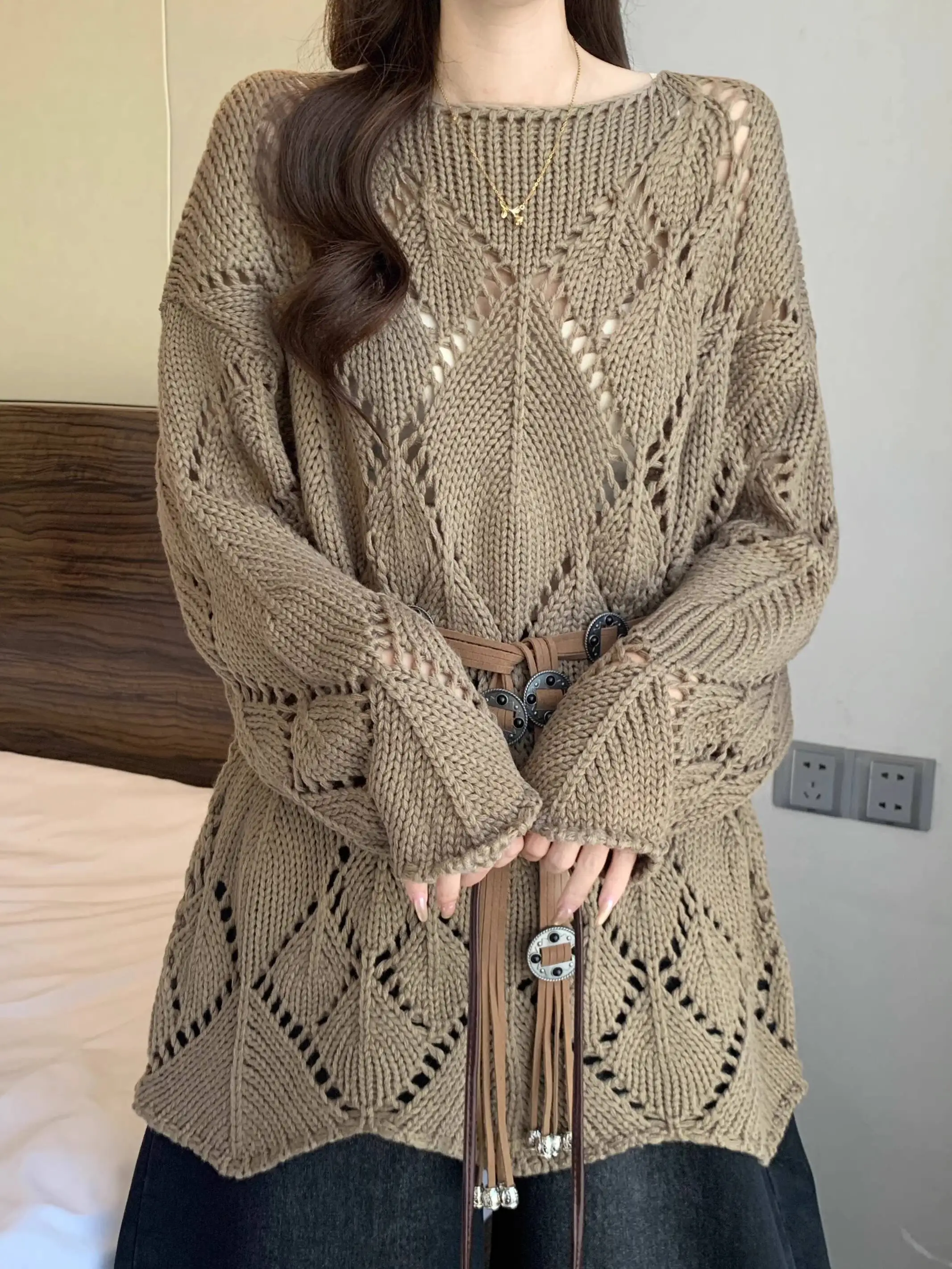 2025 Herfst Vrouwen Trui Plus Size Vrouwen Maillard Koffie Hol Lange Losse Gebreide Top Taille Cinching Slim Fit